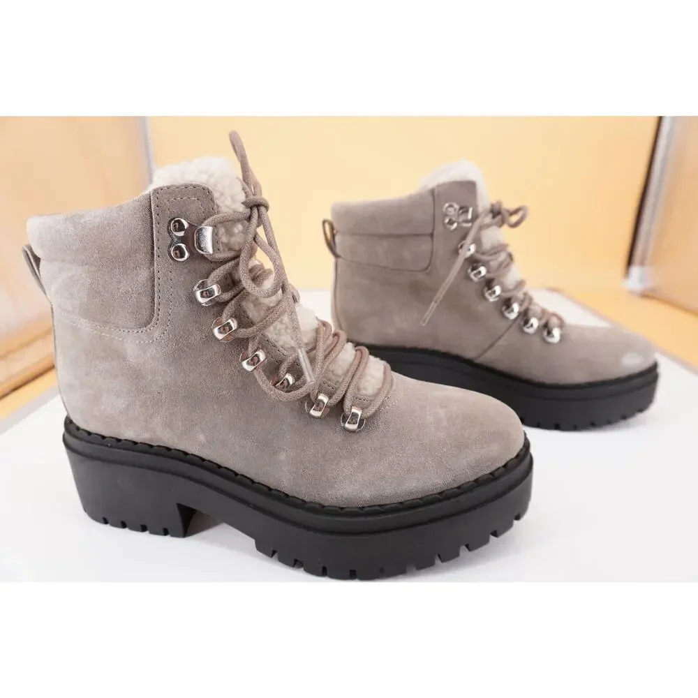 Marc Fisher Nairy grey suede Shearling ankle boot SZ 5 biker Lugg wool $250